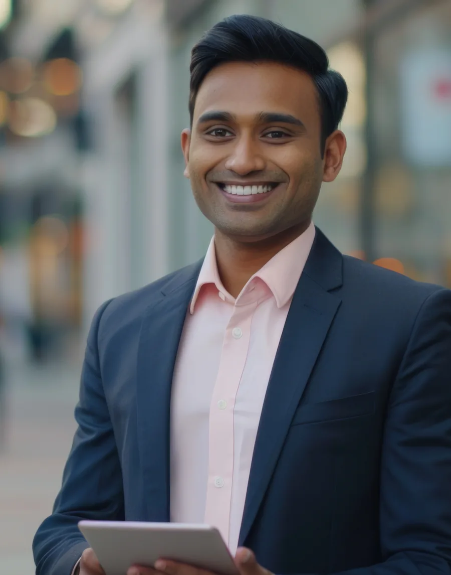 Smiling investor holding a tablet on a city street